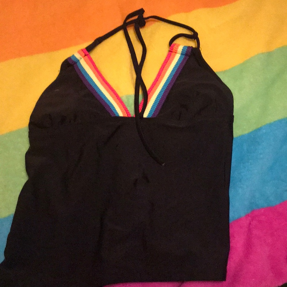 Black and Rainbow Patterned Swim Top